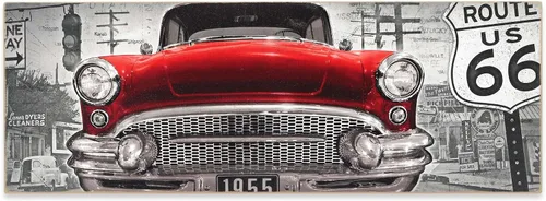 Red Classic Car Route 66 Retro Wood Wall Decor – Arte de pared de coche clásico grande para hombre cueva, garaje o sala de estar Rojo
