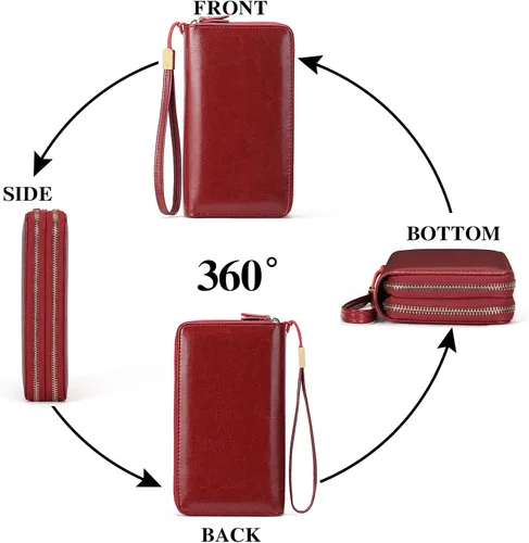 Miniatura 4 de SENDEFN Carteras de cuero para mujer, bloqueo RFID, doble cremallera alrededor del tarjetero de crédito, gran capacidad, 1-cera-vino tinto, Moderno
