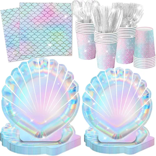 QIYANPAX 144 piezas de suministros de fiesta de sirena, decoraciones de cumpleaños de sirena, incluye platos, servilletas, vasos, cubiertos para