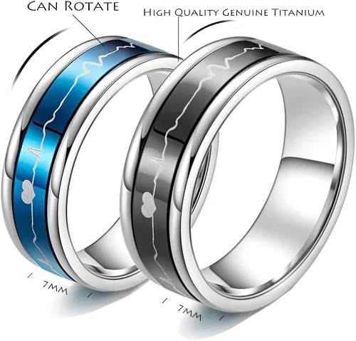 Miniatura 6 de Romántico juego pareja anillos titanio acero boda bandas negro azul cómodo ajuste giratorio ECG Heartbeat su y su promesa regalos especiales