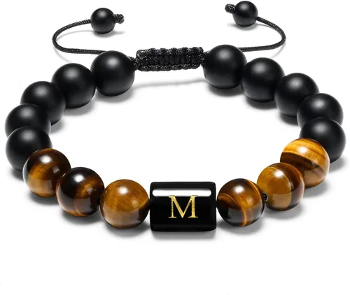 Initial Bracelets for Men Charms Letter Mens Bracelet 10mm Natural Black Matte Agate Tiger Eye Stone Beads Braided Rope Customize Bracelet