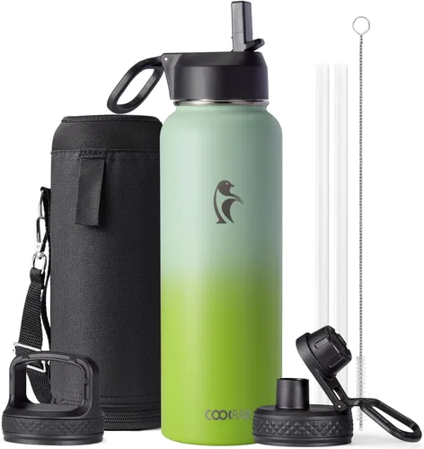 Miniatura 108 de Coolflask Botella de agua de 20 onzas aislada con pajilla, 3 tapas de metal de acero inoxidable, botella de agua de boca ancha para deportes u