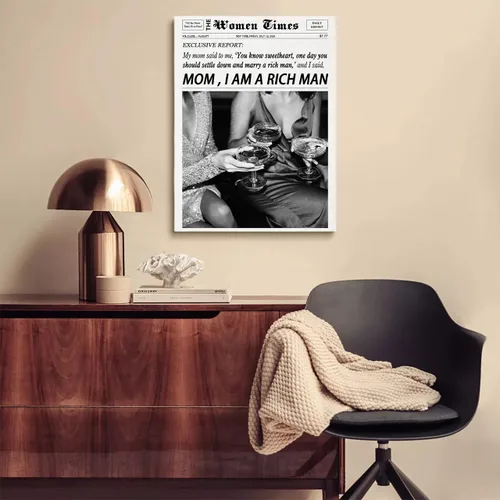 Miniatura 5 de Arte de pared de periódico retro, arte de pared de moda con texto en inglés "Mom I Am A Rich Man", divertido póster estético de habitación indie