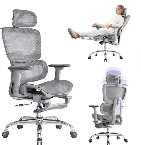 Miniatura 13 de Silla de oficina con reposapiés, silla ergonómica con almohada para el cuello y ruedas de goma, silla de computadora con respaldo ajustable y Negro