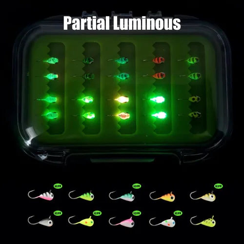 Miniatura 3 de Kit de Jigs de Pesca en Hielo de Tungsteno, 3.2/4/5mm Gota Lágrima que Brillan en la Oscuridad Señuelos Jigs de Pesca en Hielo con Caja de Jigs