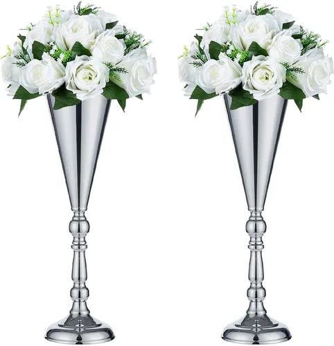 Miniatura 15 de Sziqiqi Juego de 2 centros de mesa altos metálicos para mesas de recepción de boda Florero dorado con soporte Decoración de base para fiestas