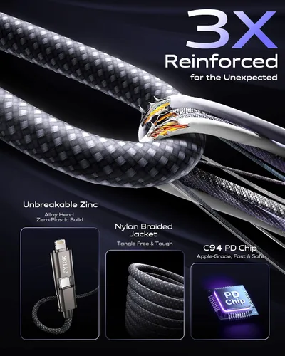 Miniatura 7 de Cable USB C de carga rápida de 60 W para iPhone de 3 pies, [certificado Apple MFi] USB a USBC a Lightning, cable de carga 4 en 1 con tipo C/USB A