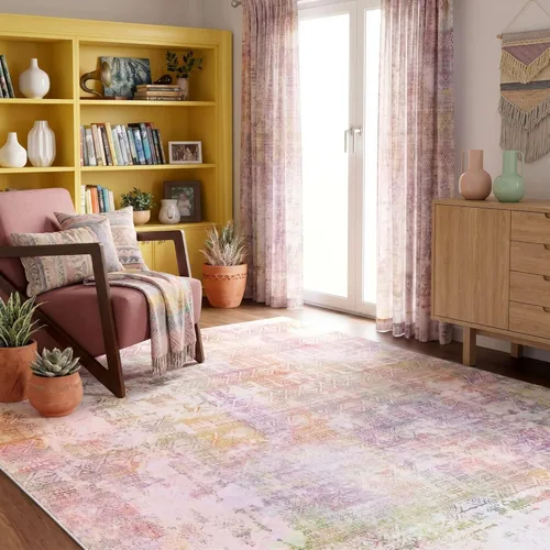 Kokia Alfombras abstractas para sala de estar, lavables, de pelo bajo, 4 x 6 pies, antideslizantes, decoración de interiores, color rosa y naranja,