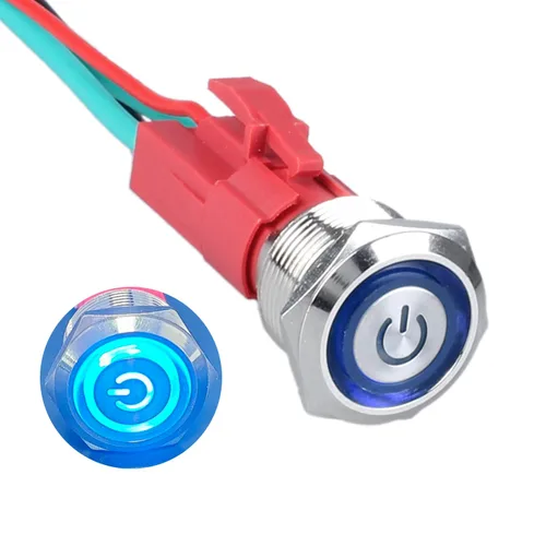 Interruptor de botón de metal resistente de 0.748 in, resistente al agua, 20 amperios, 12 V-24 V, encendido/apagado, 1 no, 4 pines con enchufe Azul