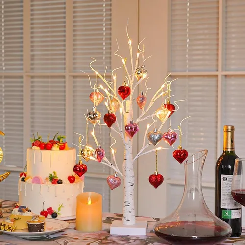 Miniatura 5 de Árbol de abedul blanco iluminado de 24 pulgadas Decoración de mesa para el día de San Valentín con corazones colgantes, temporizador y doble