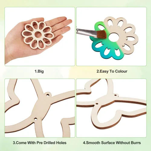 Miniatura 5 de Elecrelive - 48 piezas de madera cortadas con láser, grandes recortes de flores de madera sin terminar, piezas de madera huecas para pintura