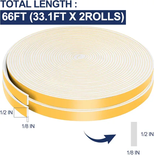 Miniatura 2 de Cintas de Espuma de 66 Pies Autoadhesivas, Tiras Selladoras de Espuma de 1/2 Pulgada x 1/8 Pulgada x 33.1 Pies Cada Rollo, Burletes de Alta Blanco
