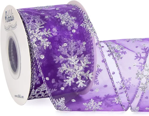 Miniatura 15 de Ribbli Cinta con alambre de purpurina de copo de nieve, organza dorada transparente con patrón de copo de nieve con purpurina dorada y borde