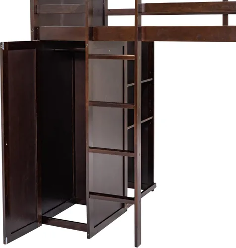 Miniatura 8 de Cama tipo loft multifuncional de tamaño individual con una cama y escritorio independientes, cama tipo loft de madera maciza con estantes y armario