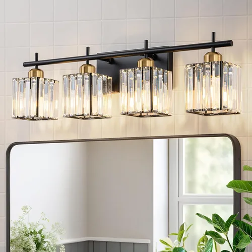 Miniatura 12 de Modernas luces de tocador de baño de cristal sobre el espejo, accesorios de iluminación de baño negro mate de 3 luces, accesorios de iluminación
