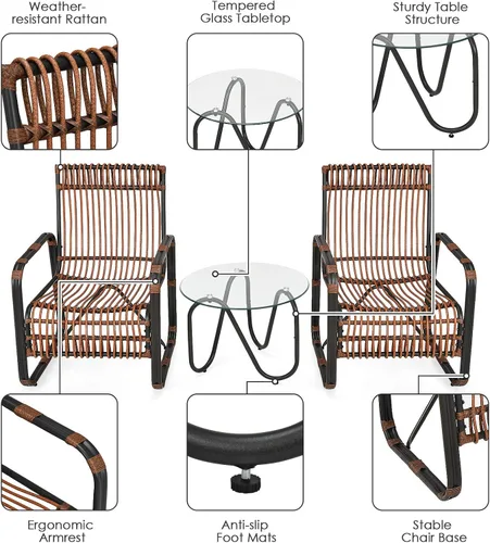 Miniatura 9 de COSTWAY Juego de muebles de ratán de patio 3PCS sofá conversacional mesa de centro jardín