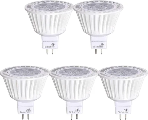 Bioluz LED Paquete de 5 Bombillas MR16 Equivalentes a Halógeno de 50 Vatios Regulables usa 7W, Halógeno 3000K 12V CA/CC, Certificado UL, Alto CRI