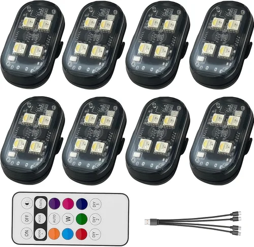 8 luces estroboscópicas LED inalámbricas con control remoto, RGB 8 colores multifunción, carga USB, impermeable, anticolisión, advertencia trasera,