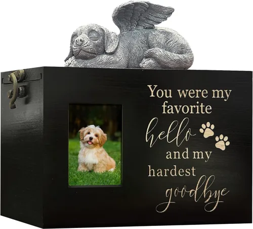 Urna grande para perro para cenizas, caja de cremación funeraria negra con foto urna conmemorativa para mascotas con marco de fotos, caja de