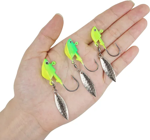 Miniatura 7 de Jig Heads anzuelos de pesca, 10 piezas de Walleye Jigs Spinner Baits Underspin Jig Heads con hoja de sauce colorido pintado resplandor plantillas