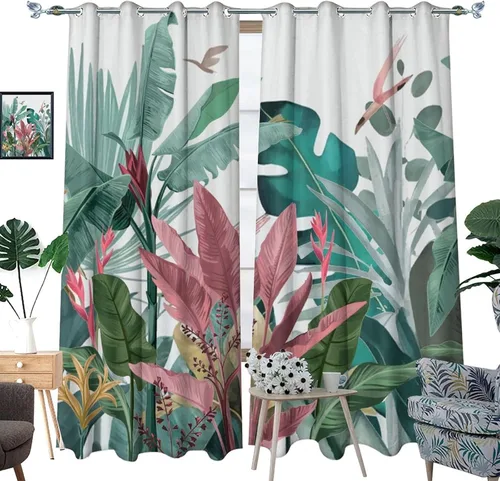 Miniatura 3 de Cortinas abstractas de hojas tropicales, acuarela tropical, hojas de palma, verano hawaiano, plátano, aislamiento térmico, cortinas completas