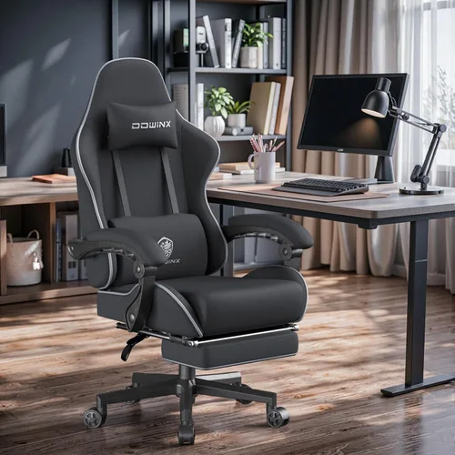 Miniatura 2 de Dowinx Silla de juegos grande y alta de tela con reposapiés, cojín de resorte para oficina en casa, respaldo alto, reclinable, altura ajustable