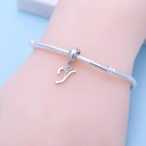 Miniatura 108 de ABUN Abalorio de plata de ley 925 con letra A a la Z, espaciador de inicial, con circonita cúbica transparete colgante, auténtica, para pulseras