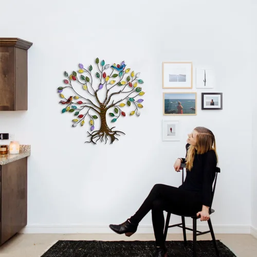 Miniatura 7 de VEWOSTAR Arte de pared de metal para sala de estar, decoración del hogar, hojas coloridas, escultura de pared, árbol de la vida, hecho a mano