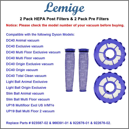 Miniatura 5 de Lemige Paquete de 2 filtros postmotor y 2 piezas de repuesto de filtros premotor para Dyson DC40, animal de bola ligera/delgada, múltiples pisos