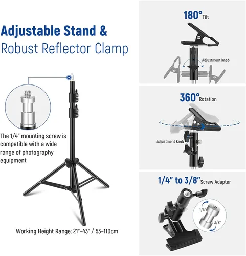 Miniatura 7 de NEEWER Kit de reflector de luz de 43"/110cm, reflector redondo plegable 5 en 1 (translúcido/plata/oro/blanco/negro), abrazadera de metal y soporte