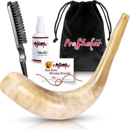 Shofar Set (bolsa de transporte de terciopelo, aerosol neutralizador de olores, cepillo de limpieza, guía y pulsera roja de Tierra Santa) Ram Shofar
