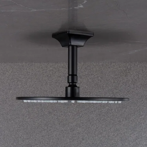 Miniatura 2 de Brazo de ducha montado en el techo de 4 pulgadas, extensión de cabezal de ducha negro mate con escudo único a juego, conexión estándar de 1/2