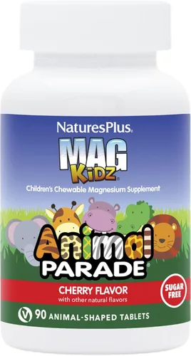NaturesPlus Animal Parade MagKidz, sabor a cereza natural, 90 tabletas masticables con forma de animal, paquete de 3, apoyo para la salud ósea y