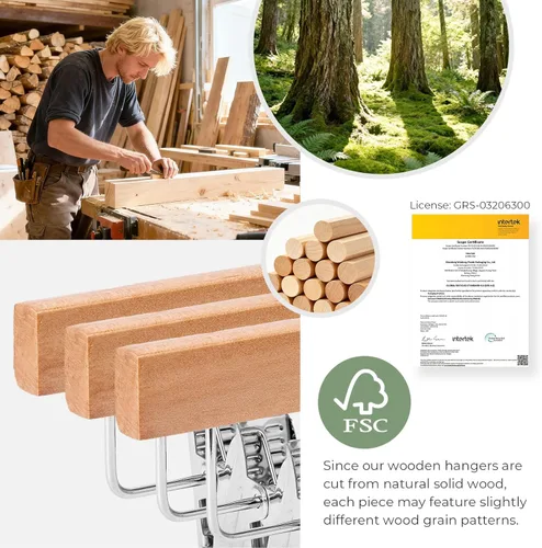 Miniatura 9 de HOUSE DAY Paquete de 25 perchas de madera de alta calidad para pantalones, perchas de falda de madera de loto maciza con 2 clips ajustables, Natural