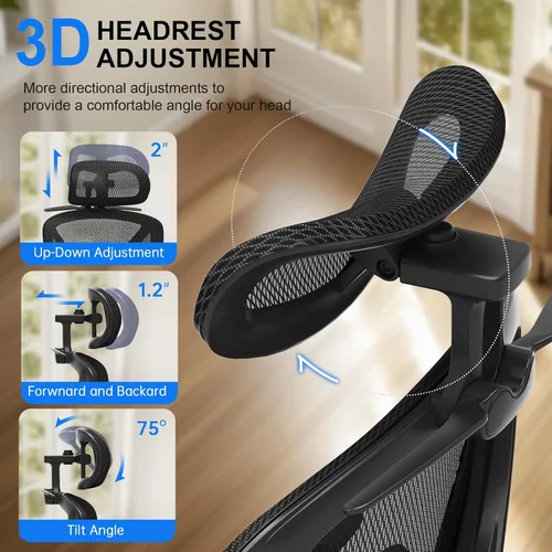 Miniatura 5 de Freepub Silla de oficina ergonómica de malla, silla de escritorio para el hogar, cómoda con soporte lumbar ajustable, reposacabezas y reposabrazos