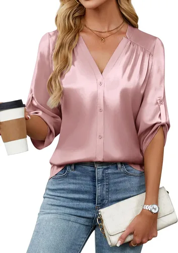 Miniatura 20 de Blooming Jelly Camisas con botones para mujer de manga 3/4, tops casuales elegantes, blusas de negocios de satén de seda plisado 2025