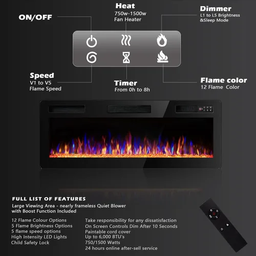 Miniatura 4 de BOSSIN - Chimenea eléctrica lineal ultradelgada y silenciosa de 42 pulgadas, chimenea empotrada y montada en pared, compatible con montantes de 2 x