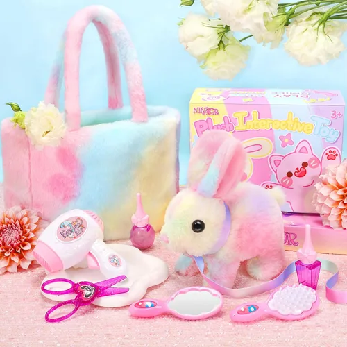 Miniatura 2 de NINAOR Juguetes interactivos de peluche para niños con bolsas de mano, conejo robot de peluche con correa que salta y orejas que se mueven, juguetes