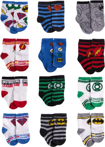 DC Comics Calcetines para bebés niños y niñas, paquete de 12 calcetines de Batman, Wonder Woman, Superman, Liga de la Justicia, Super Girl (0-24M)