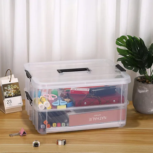 Miniatura 5 de BTSKY Caja de almacenamiento portátil multiusos de 2 capas, organizador de almacenamiento portátil multiusos para organizar papelería, costura, Negro