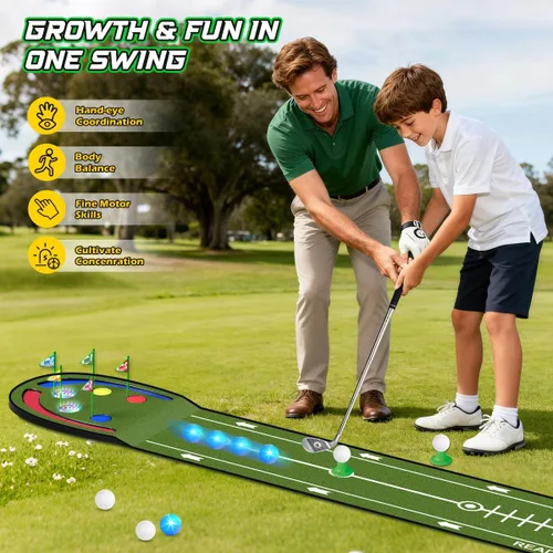 Miniatura 9 de TERRAMUS Alfombra de Golf Mejorada para Niños, Verde de Golf de 2.37 m con Agujeros LED Iluminados, Bolas Luminosas, 2 Palos, Juego de Golf