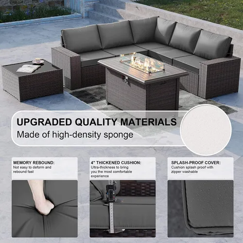 Miniatura 5 de Kullavik Juego de 7 muebles de patio al aire libre con mesa de fogata de gas propano de 43 pulgadas, 55000 BTU, sofá seccional de ratán de Gris