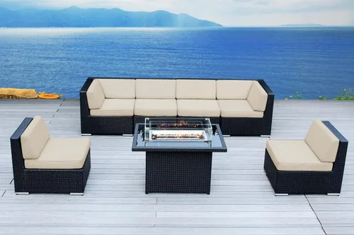 Juego de muebles de mimbre negro para patio al aire libre totalmente montados, juego seccional de 7 piezas con mesa de fogata de gas de 42 pulgadas,
