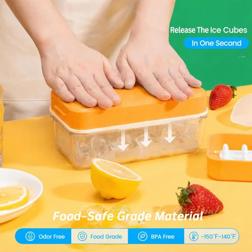 Miniatura 2 de Bandeja para cubitos de hielo con tapa y contenedor, 28 moldes para cubitos de hielo, bandejas de hielo para congelador, molde de bandeja