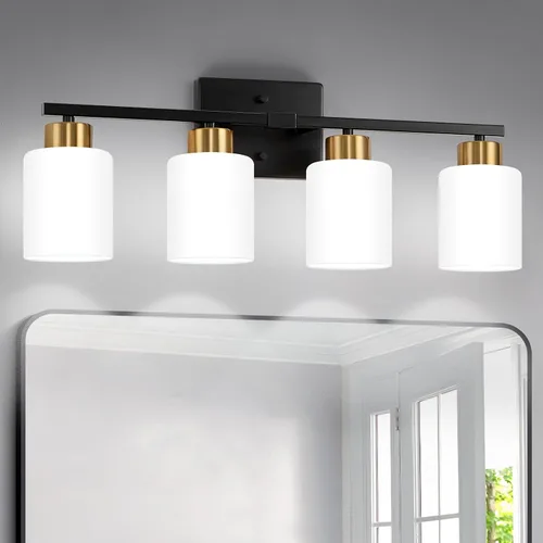 Miniatura 11 de FonmYim Lámpara de baño negra, lámpara de tocador moderna de 3 luces sobre espejo, apliques de pared con pantallas de vidrio esmerilado blanco