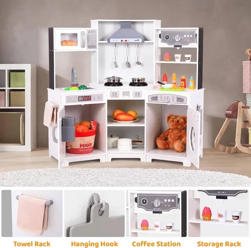 Miniatura 6 de MAMIZO Cocina de juego de esquina para niños, cocina de juguete de simulación de madera, juego de cocina grande con lavadora, campana extractora