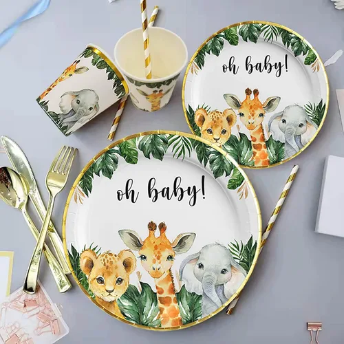 Miniatura 6 de Platos para baby shower de safari, decoración dorada de animales de la selva para 24 invitados, suministros temáticos de safari en la selva, platos
