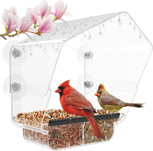 Miniatura 7 de Ermete Comedero para pájaros de ventana con ventosas fuertes, alimentador transparente de visión grande, bandeja de semillas, 13 x 5.5 x 4.2