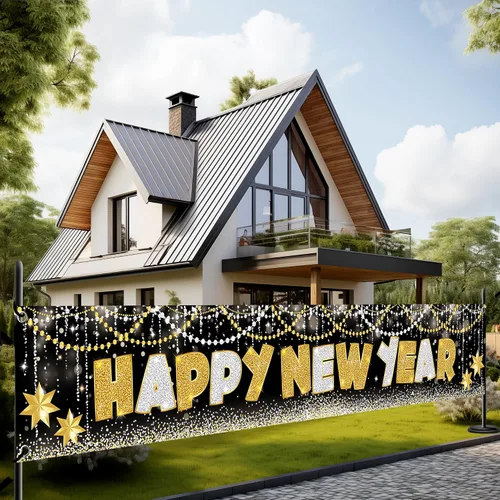 KatchOn, XtraLarge Pancarta de Feliz Año Nuevo 2026-120X20 Pulgadas | Letrero de Jardín de Año Nuevo para Decoraciones de Nochevieja 2026 | Pancarta