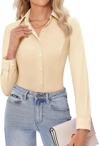 Miniatura 9 de Siliteelon - Camisas de vestir para mujer, manga larga, ajustadas, con botones, elásticas, sin arrugas, con cuello, para negocios, casual, blusa